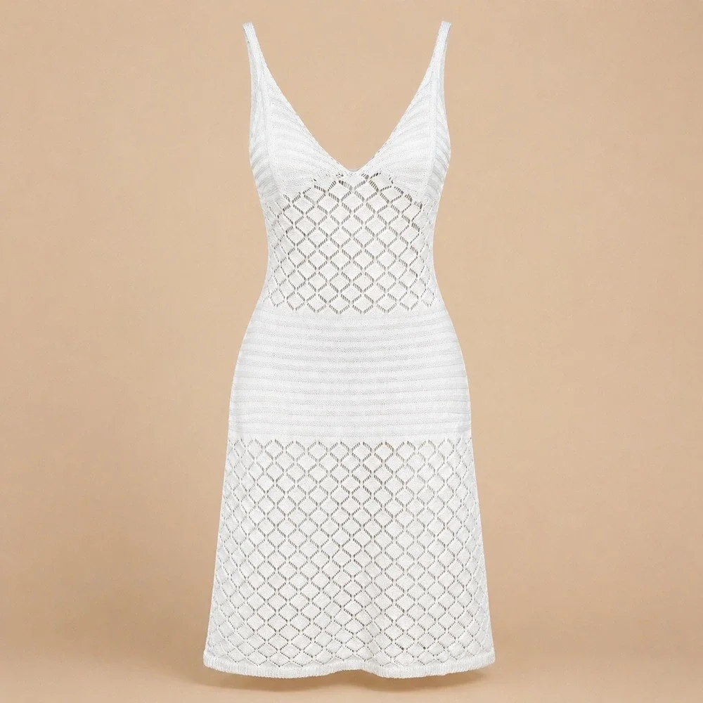 Cream Crochet Knit Halter Slip Sweater Dress‎ S Boho Cottagecore Coastal Beach